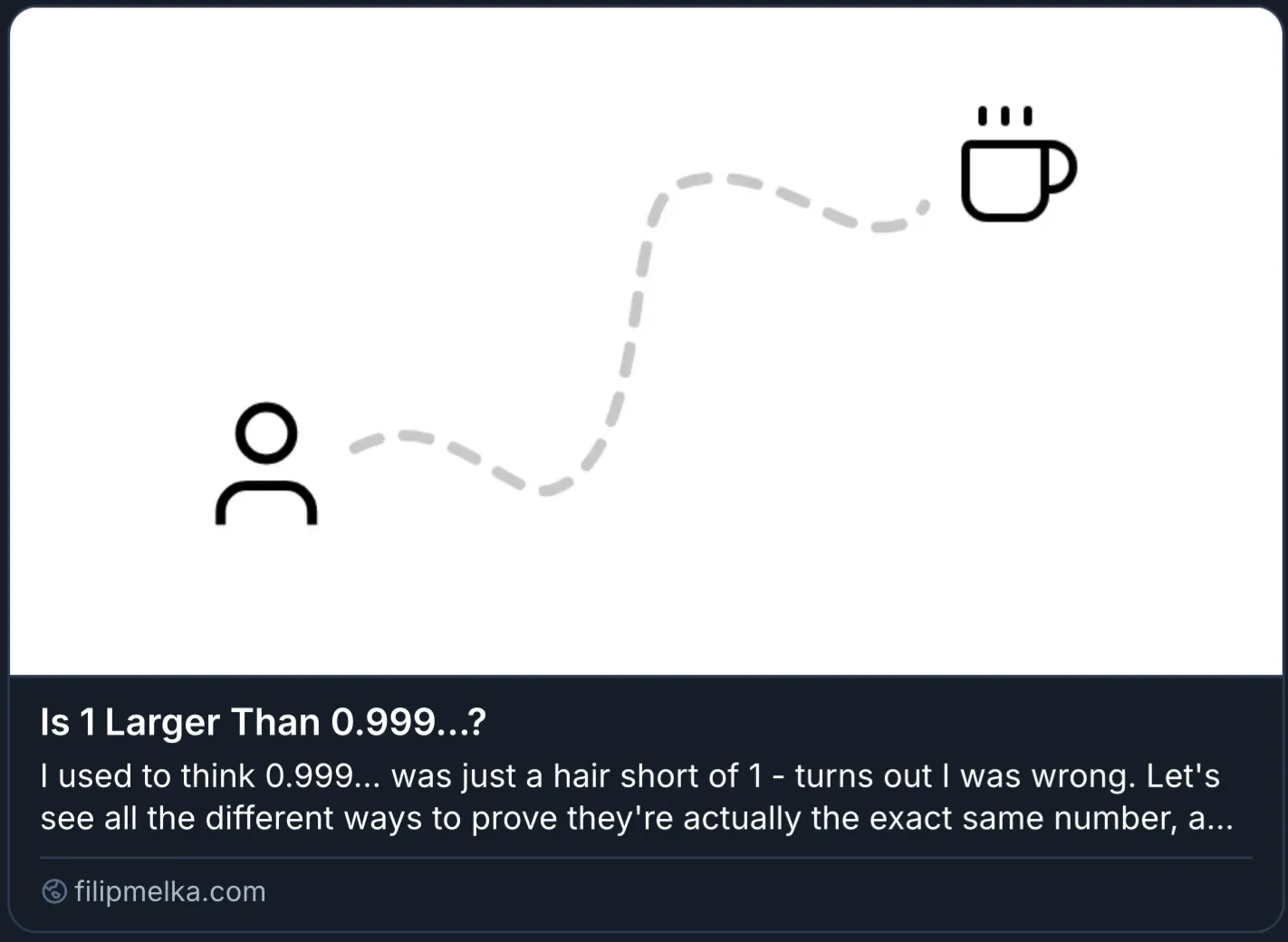 Bluesky link card for the "Is 1 Larger Than 0.999...?" article, showing the thumbnail, title, and description preview