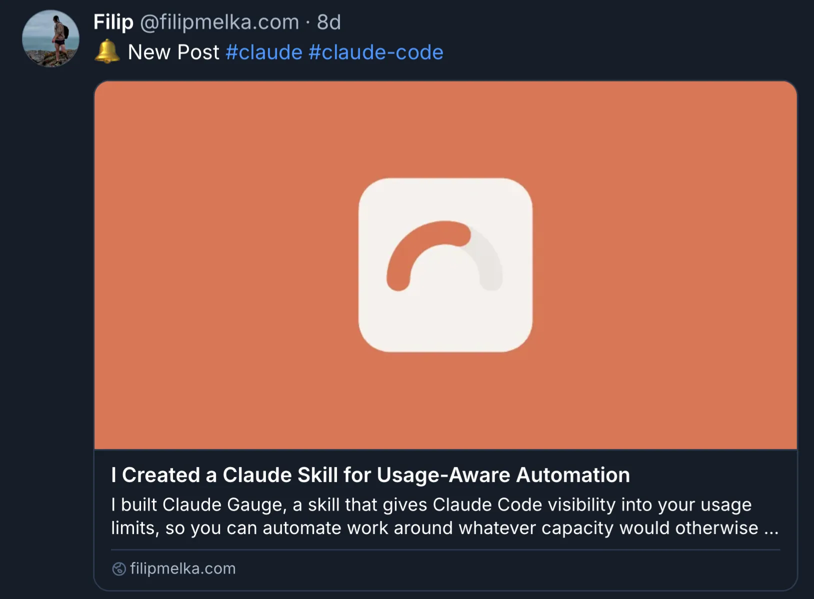 Bluesky post for "I Created a Claude Skill for Usage-Aware Automation" with a custom caption and inline hashtags, and no extra category hashtags appended since blueskyHashtags is false