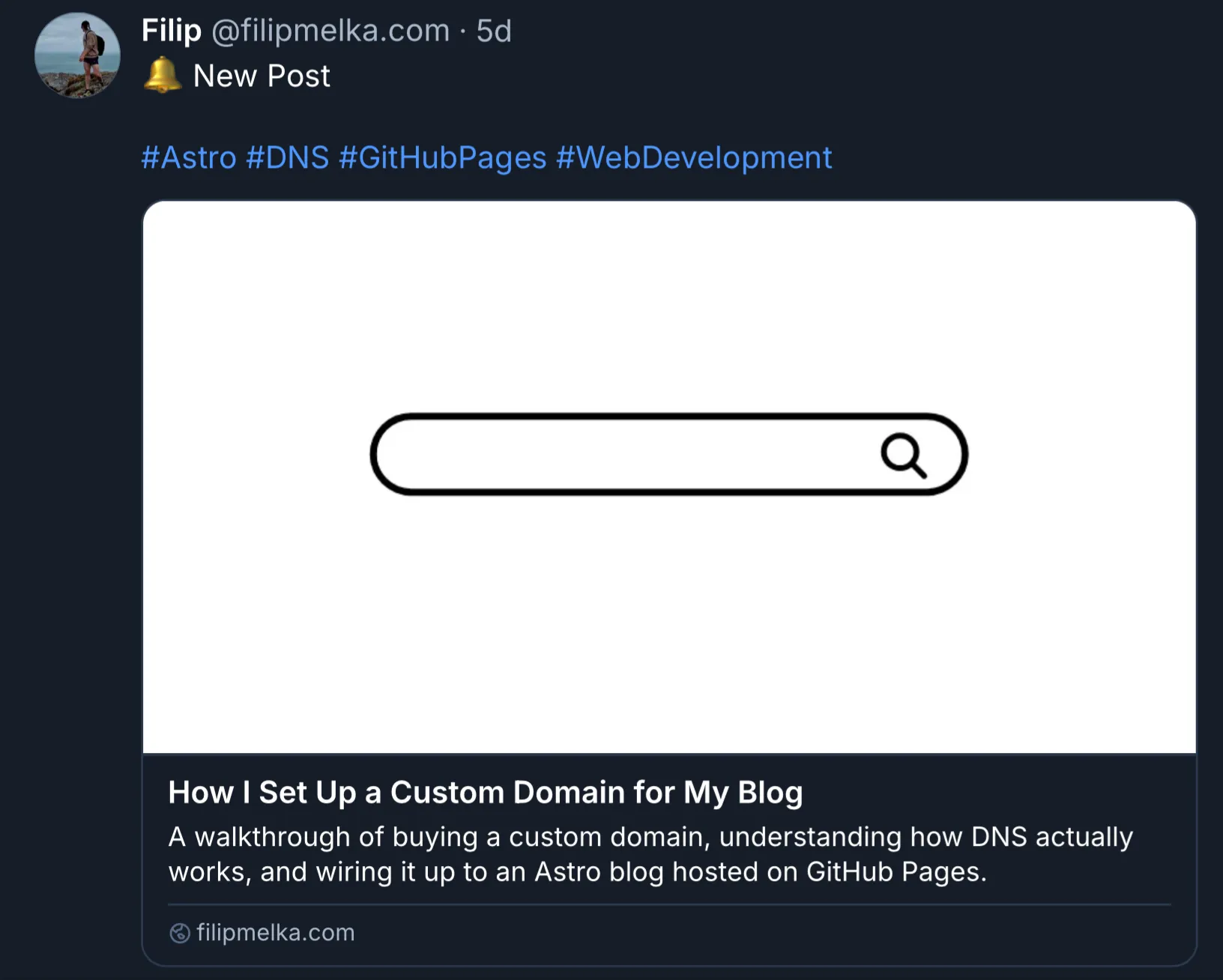 Bluesky post for "How I Set Up a Custom Domain for My Blog" using the default caption and hashtags generated from categories