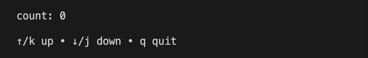 Running the counter app in the terminal, showing "count: 0" and the up/down/quit key hints