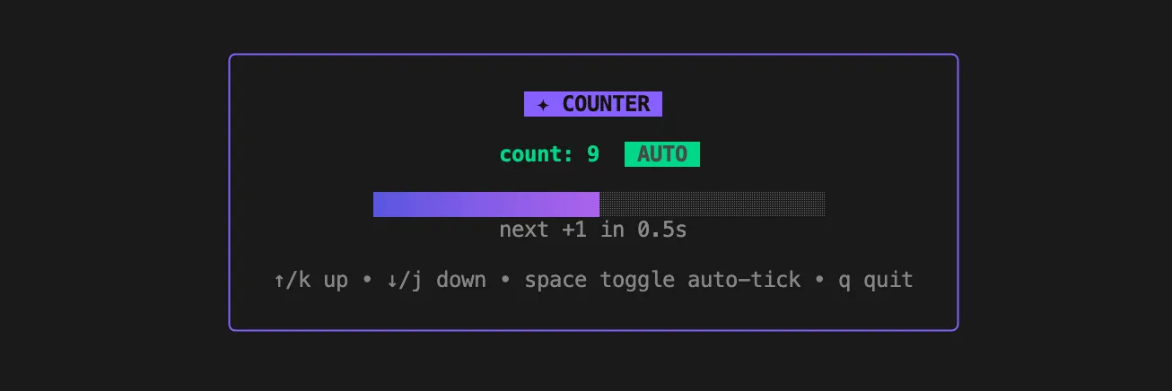 The enhanced counter app styled with Lip Gloss and Bubbles, showing a bordered container, title badge, AUTO badge, and progress bar