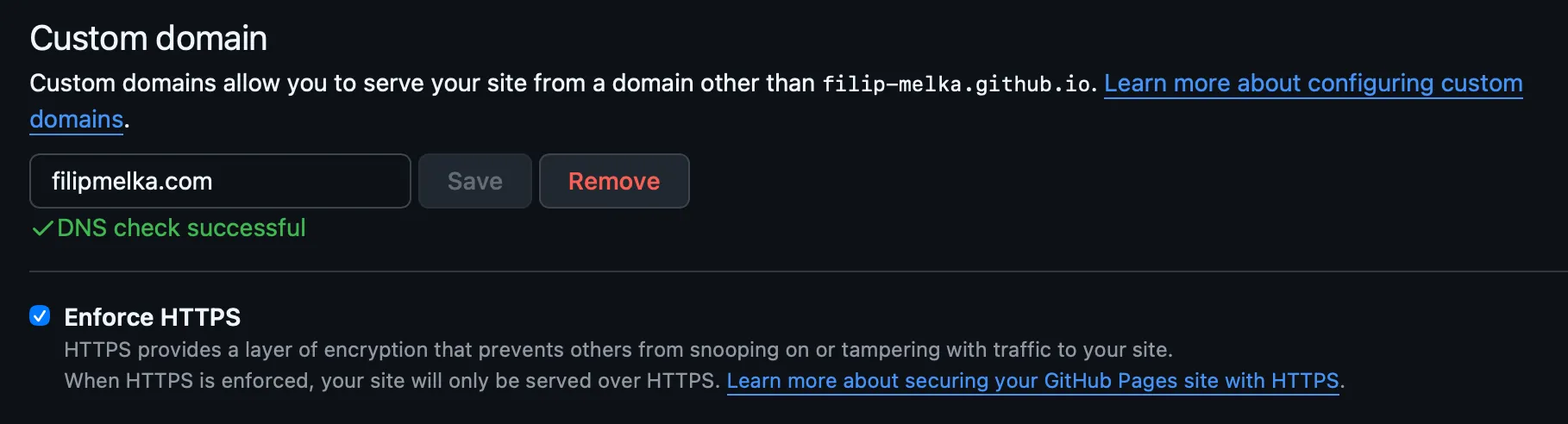 GitHub Pages custom domain settings showing "filipmelka.com" with a successful DNS check and Enforce HTTPS enabled