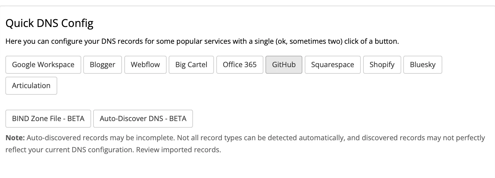 Porkbun's Quick DNS Config section with the GitHub option selected among other one-click service presets