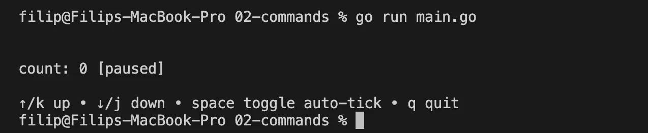The counter app output left behind in the shell after quitting, without alt screen enabled